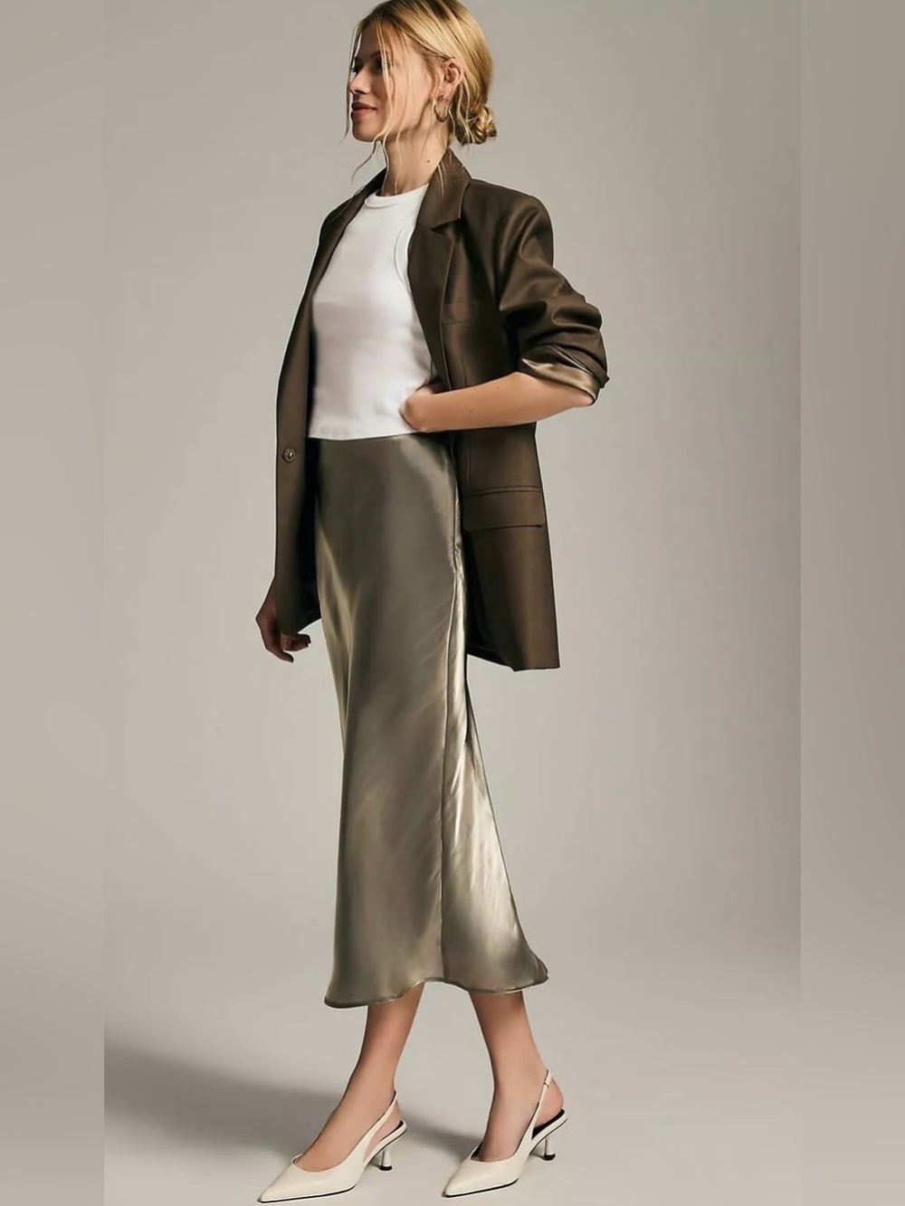NWT Anthropologie Shine Bias Midi Skirt XS Metallic Khaki Champagne $108